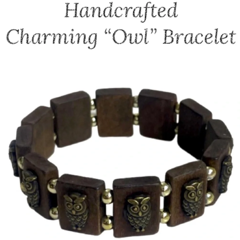 Beaded Owl Wooden Stretch Bracelet Owl Infinity Charm Bracelet